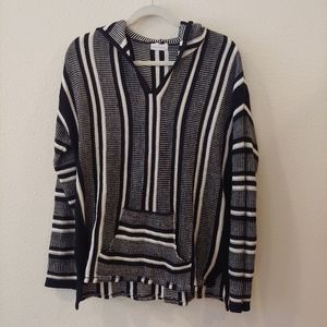 Hooded Baja Black White Stripped Sweatshirt Pocket